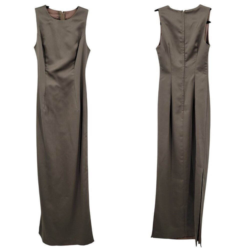 Vintage Womens Satin Sheath Gown Side Slit Size XS Taupe Neutral‎ Cocktail Party